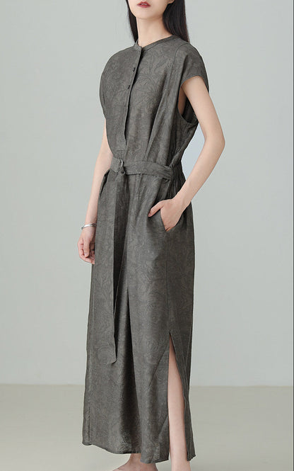 Linen Tencel Jacquard Slit Dress B4895