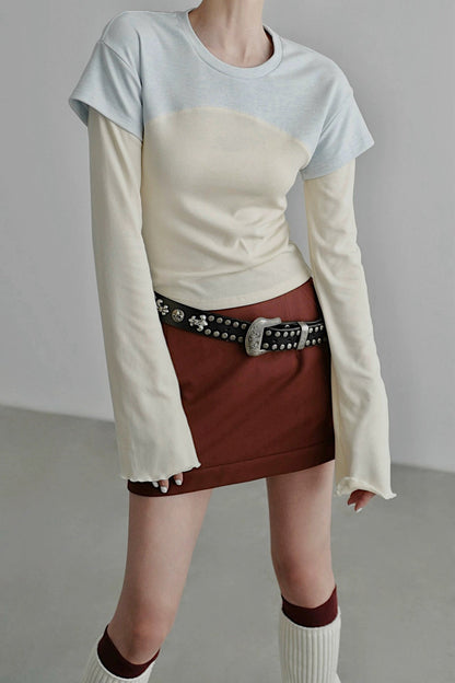 Fake two-piece flared long-sleeved T-shirt B4344