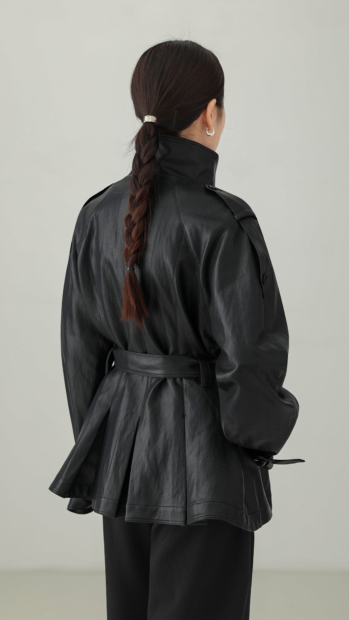 Black PU Leather Belted Stand Collar Jacket B5008