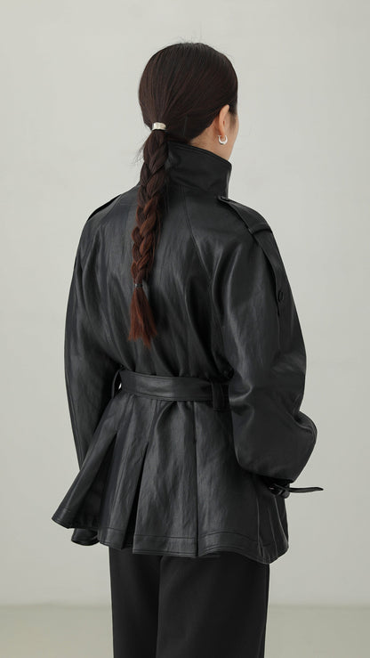 Black PU Leather Belted Stand Collar Jacket B5008