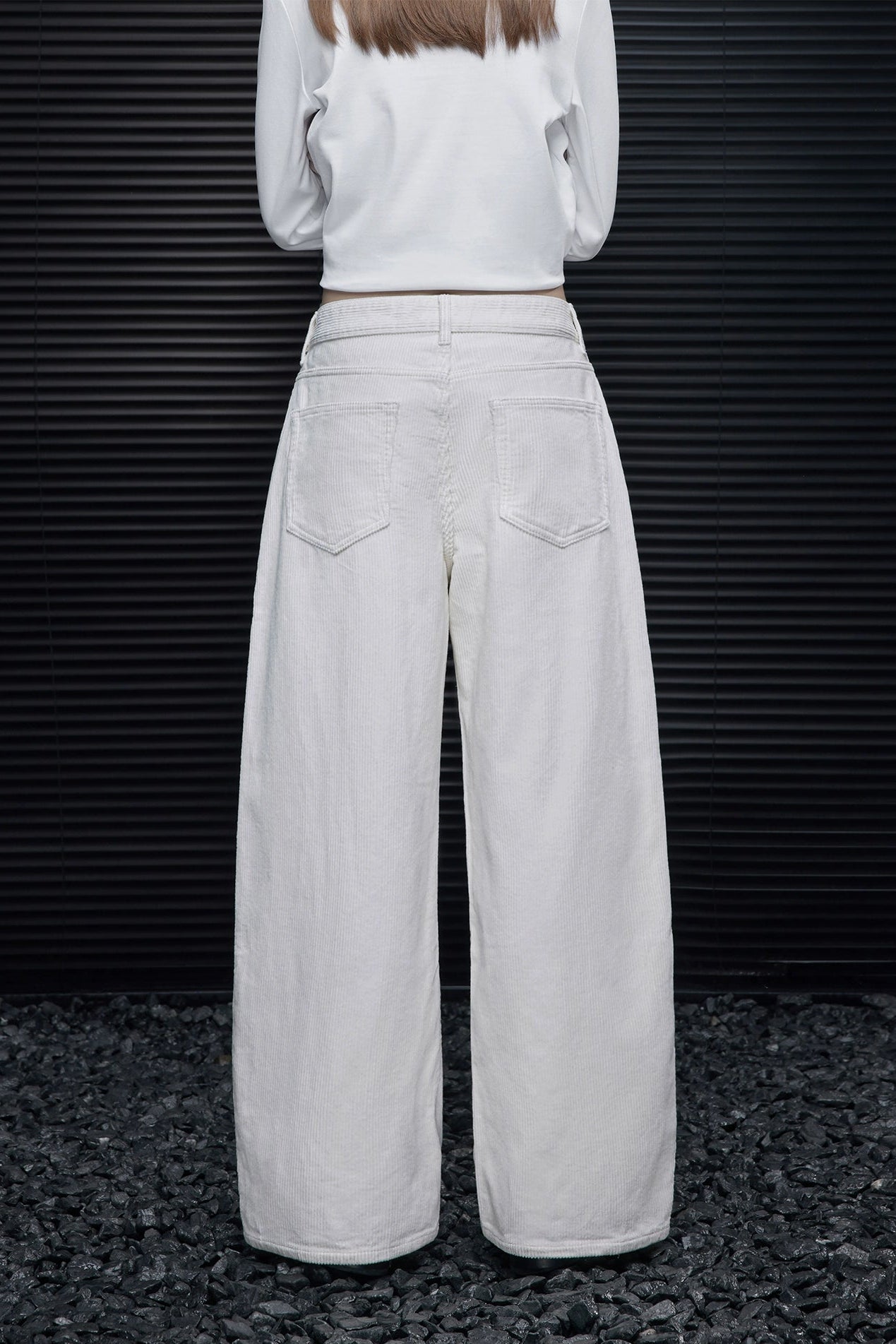 白色燈芯絨闊腿褲 B4548