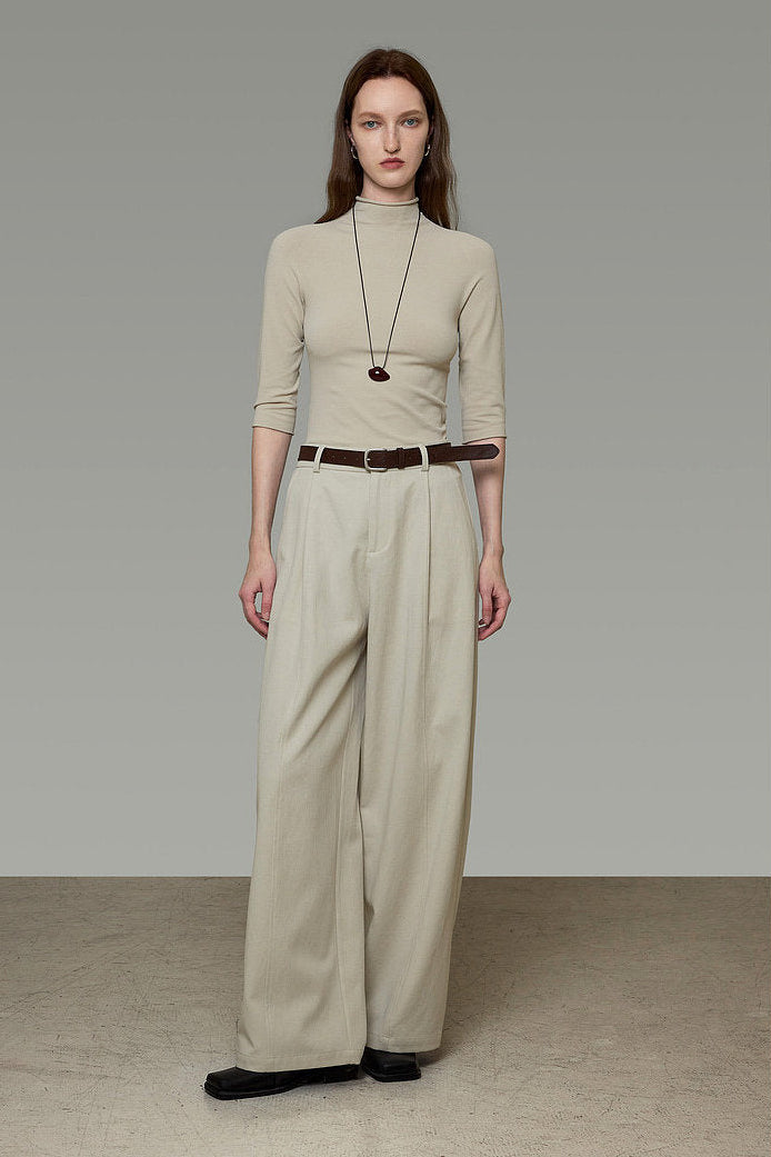 Lyocell Cotton Off-White Pleated Wide-Leg Pants B4912