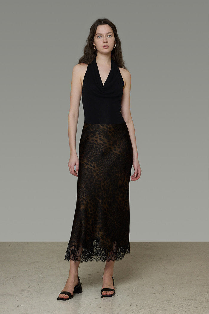 Leopard Lace Hem A-line Long Skirt B4770