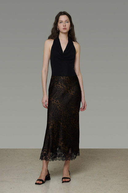 Leopard Lace Hem A-line Long Skirt B4770