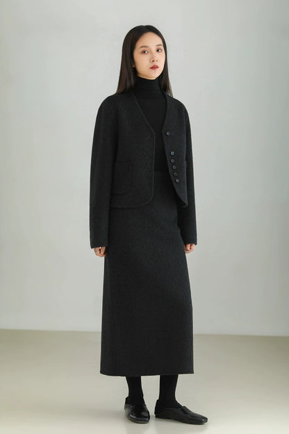 Wool Blend Double Face Slit Skirt B4528