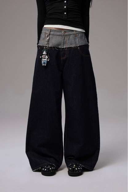 Cow double waist splice embroidered wide jeans B4318