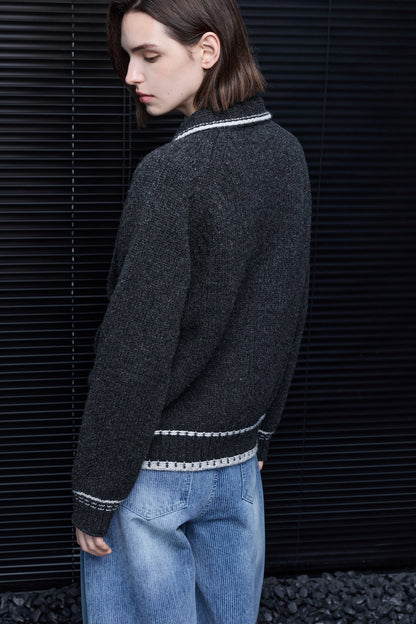 Wool-blend color-block striped collared knit cardigan B5017