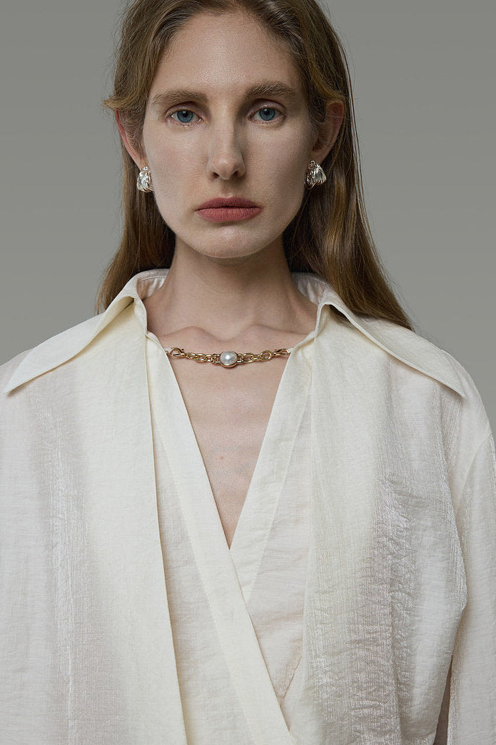 Cross-Wrap Design Faux Layered V-Neck Shirt B4937