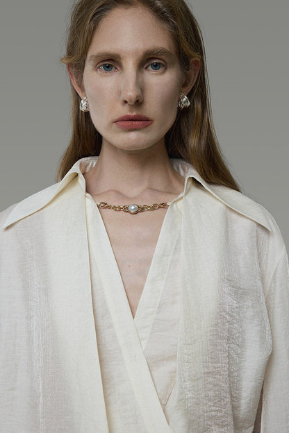 Cross-Wrap Design Faux Layered V-Neck Shirt B4937