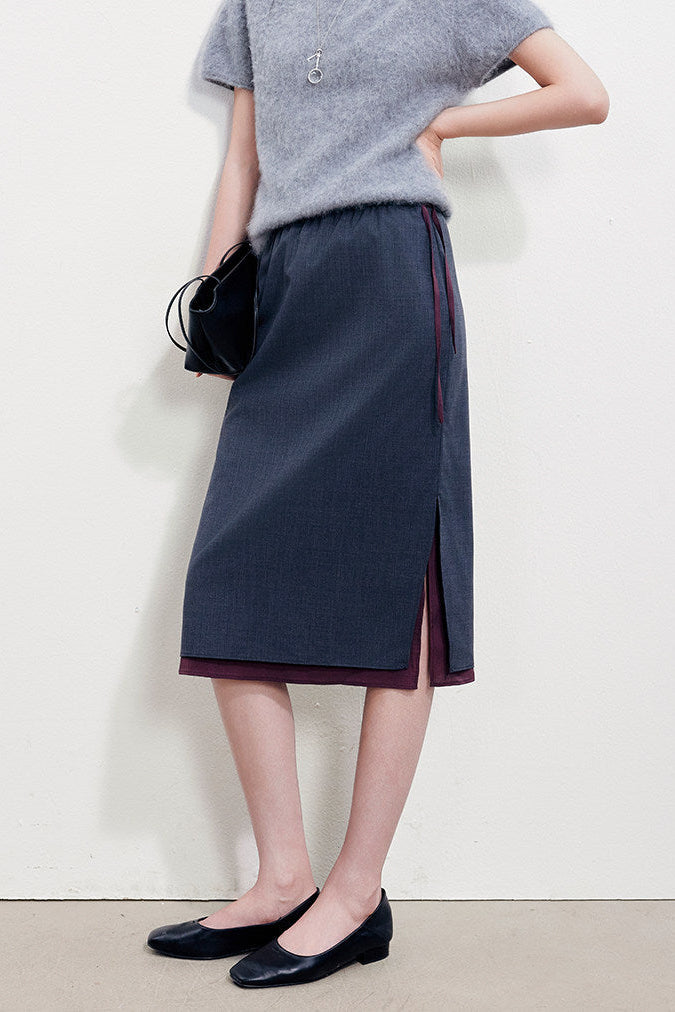 Faux Layered Wool Blend Straight Slit Skirt B4925