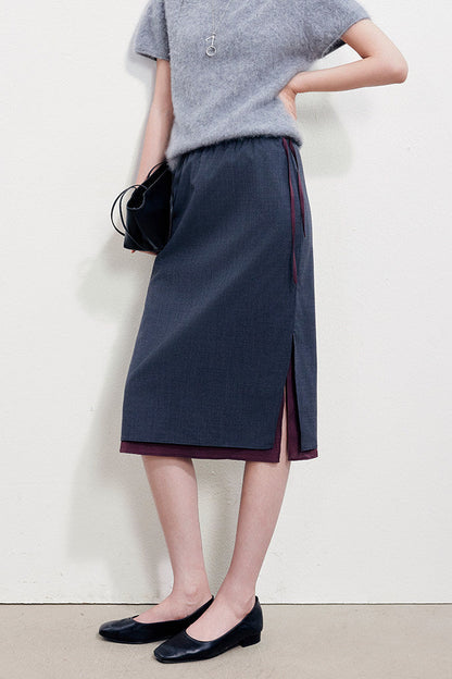 Faux Layered Wool Blend Straight Slit Skirt B4925