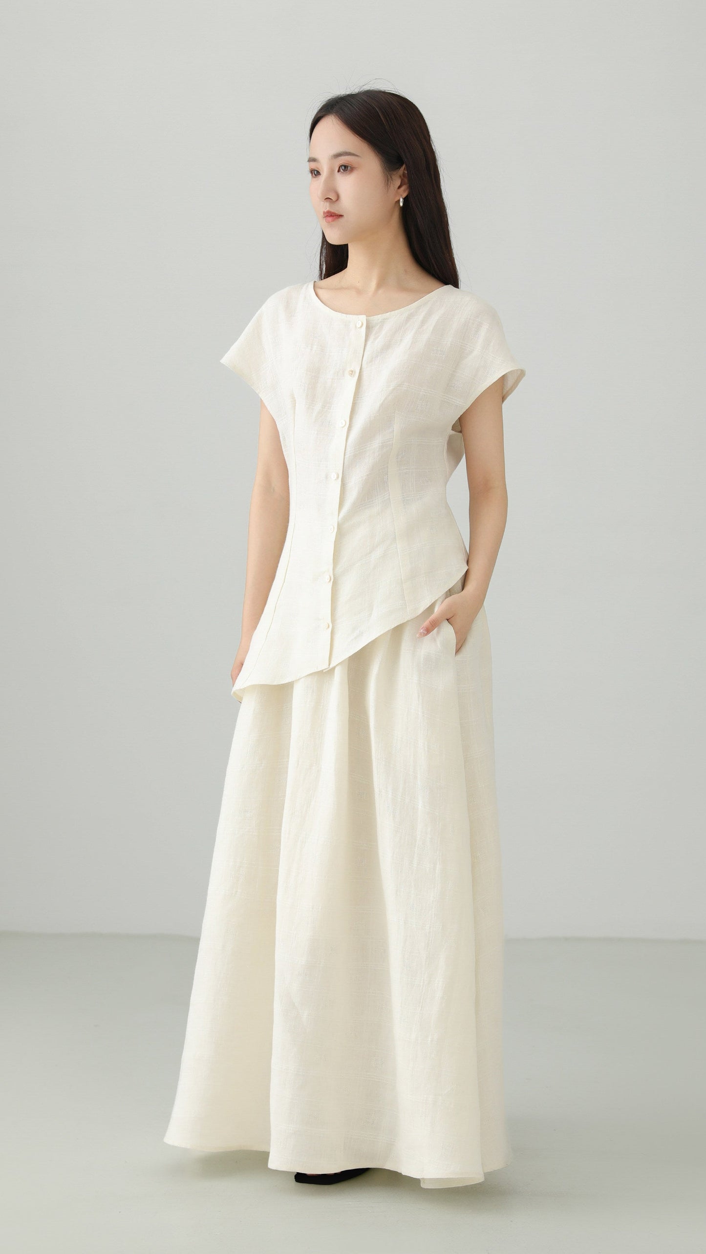 Minimal Linen Jacquard Long Skirt B4831