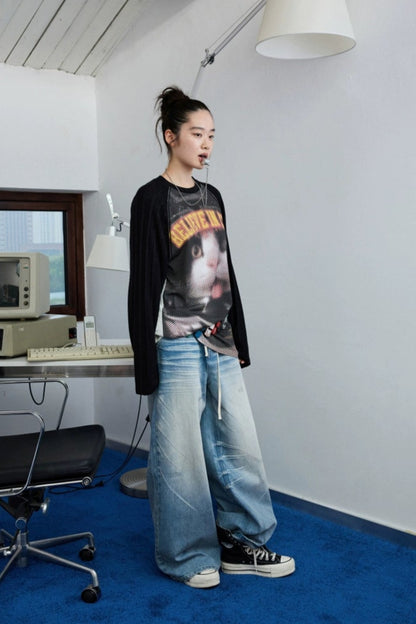 Biker Cat Print Raglan Sleeve T-Shirt B4319