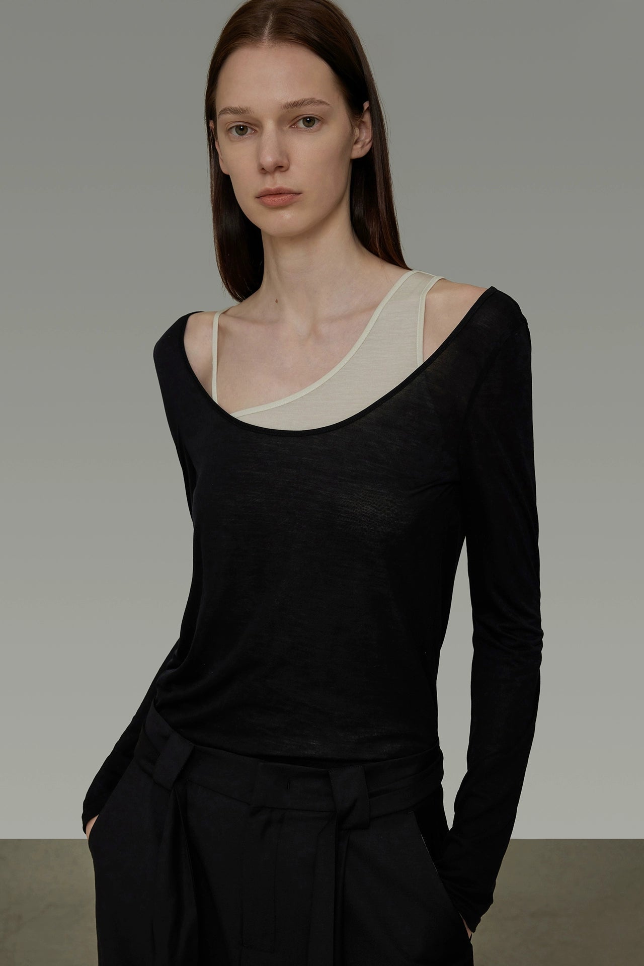 不對稱修身假兩件上衣 B4197