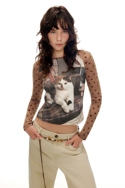 キャットレトロフロック加工ドットTシャツ　B4593