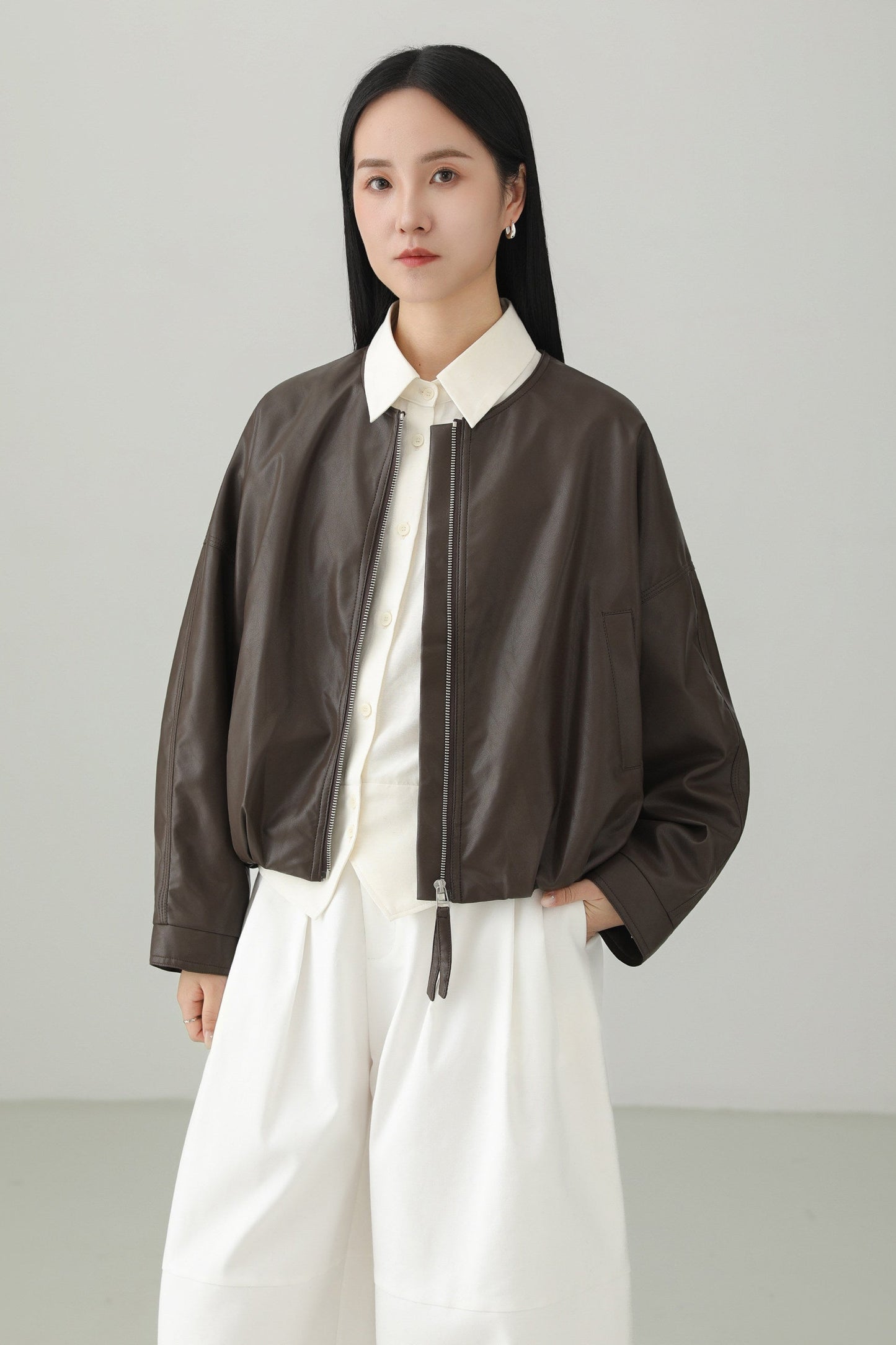 Minimalist PU Leather Cropped Jacket B4657