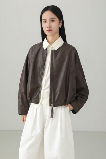 Minimalist PU Leather Cropped Jacket B4657