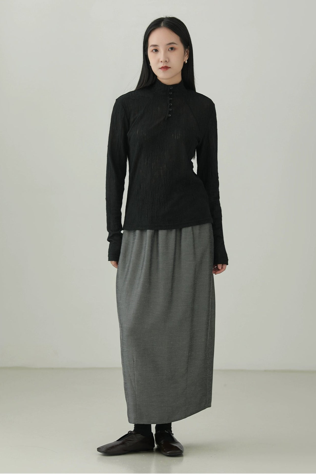 Half-high collar textured long-sleeved T-shirt B4275