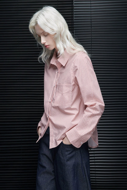ピンクストライプピュアコットン長袖ラペルシャツ　B4225