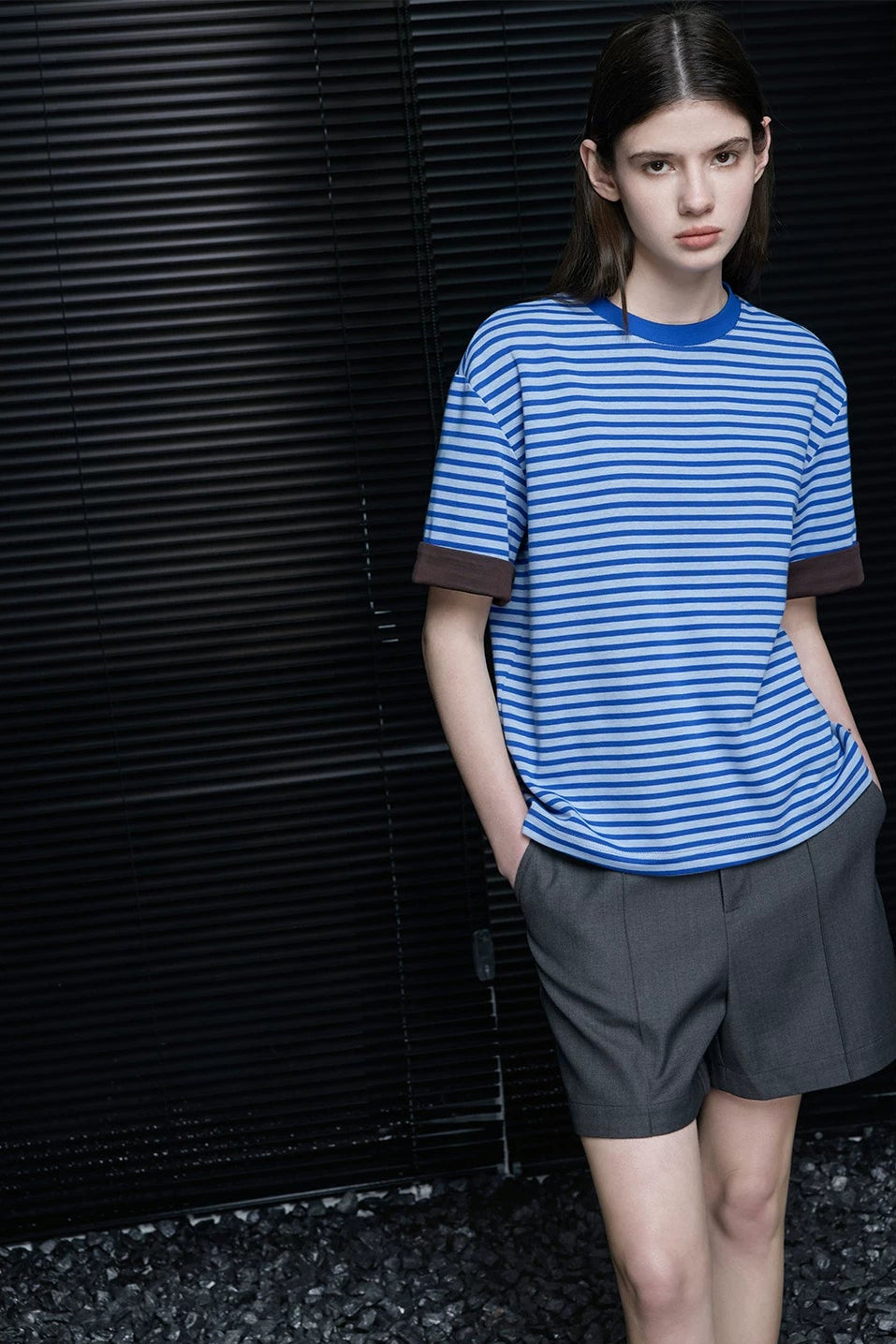 ブルーストライプロールヘム半袖Tシャツ　B4693