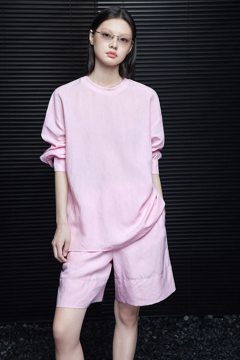 ピンクテンセルリネン長袖カジュアルTシャツ　B4067