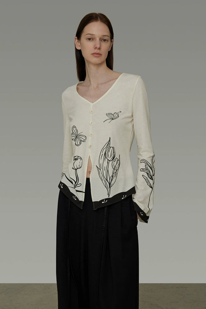 オリジナル手描きプリントVネック長袖トップス　B4193