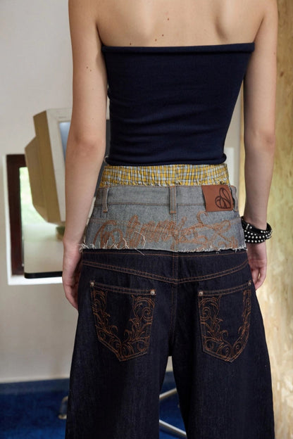 Cow double waist splice embroidered wide jeans B4318