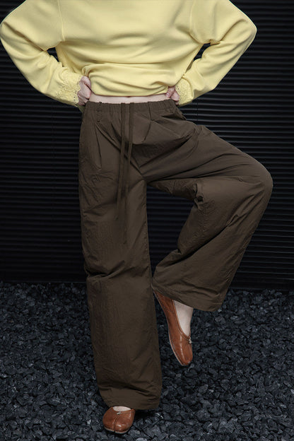 Brown padded wrinkled wide pants B4558