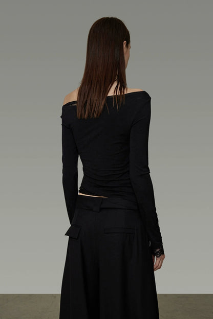 レースステッチワンショルダースリムトップス　B4195