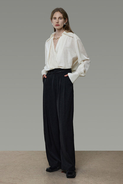 Cross-Wrap Design Faux Layered V-Neck Shirt B4937