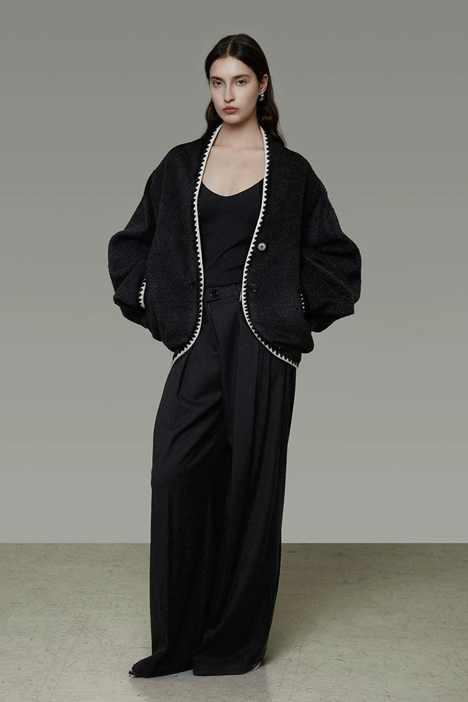 撞色落肩羊毛混紡大衣 B4489