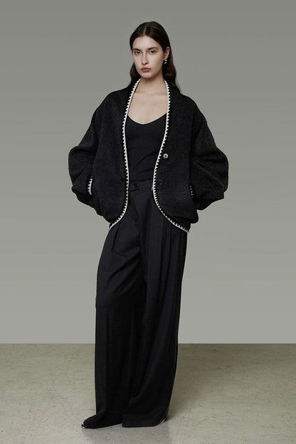 撞色落肩羊毛混紡大衣 B4489