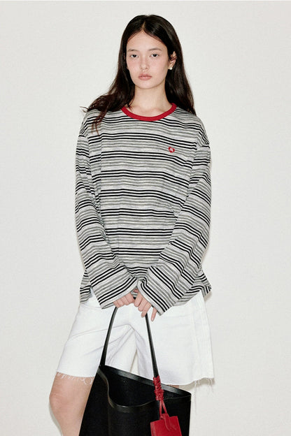 條紋撞色長袖T卹 B4215
