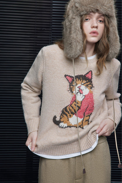 米色貓咪提花毛衣 B4547