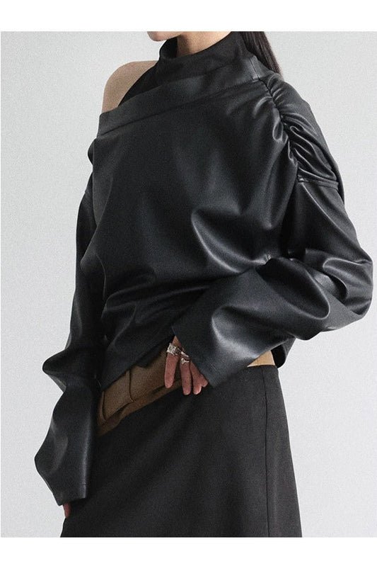 PUアシメトリー斜め襟カバーアップトップス　B4647