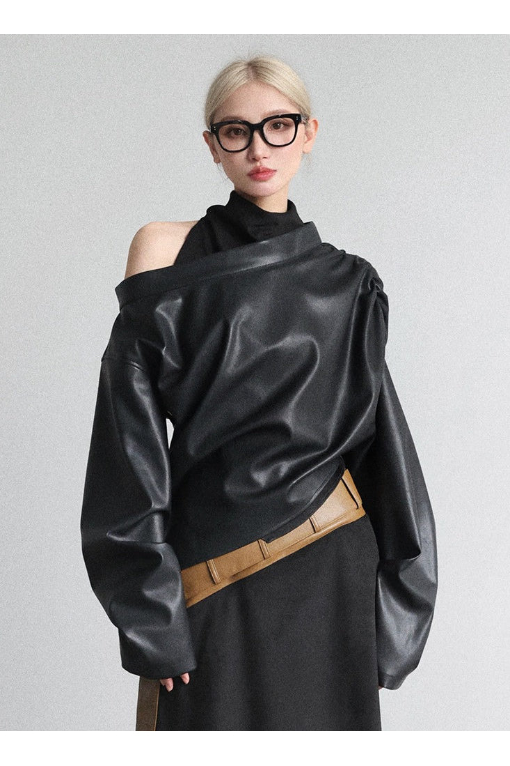 PU asymmetrical diagonal collar cover-up top B4647