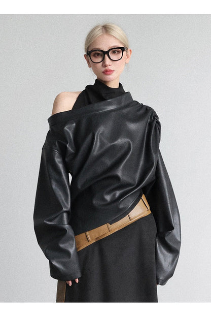 PU asymmetrical diagonal collar cover-up top B4647