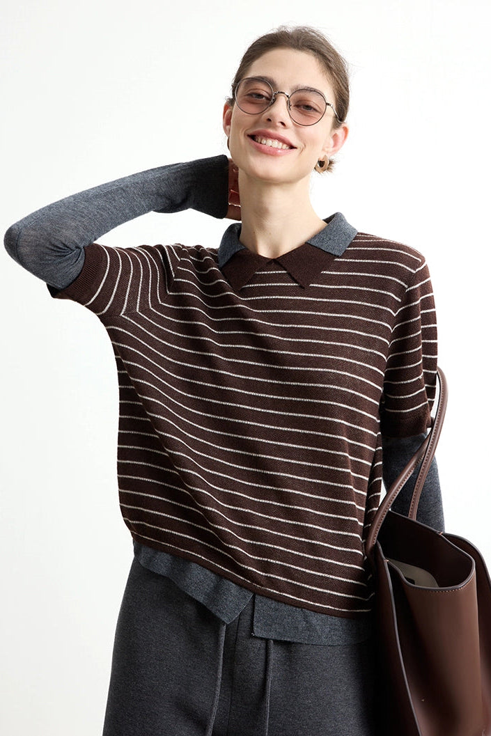 Striped wool blend fake two-piece sweater B4305