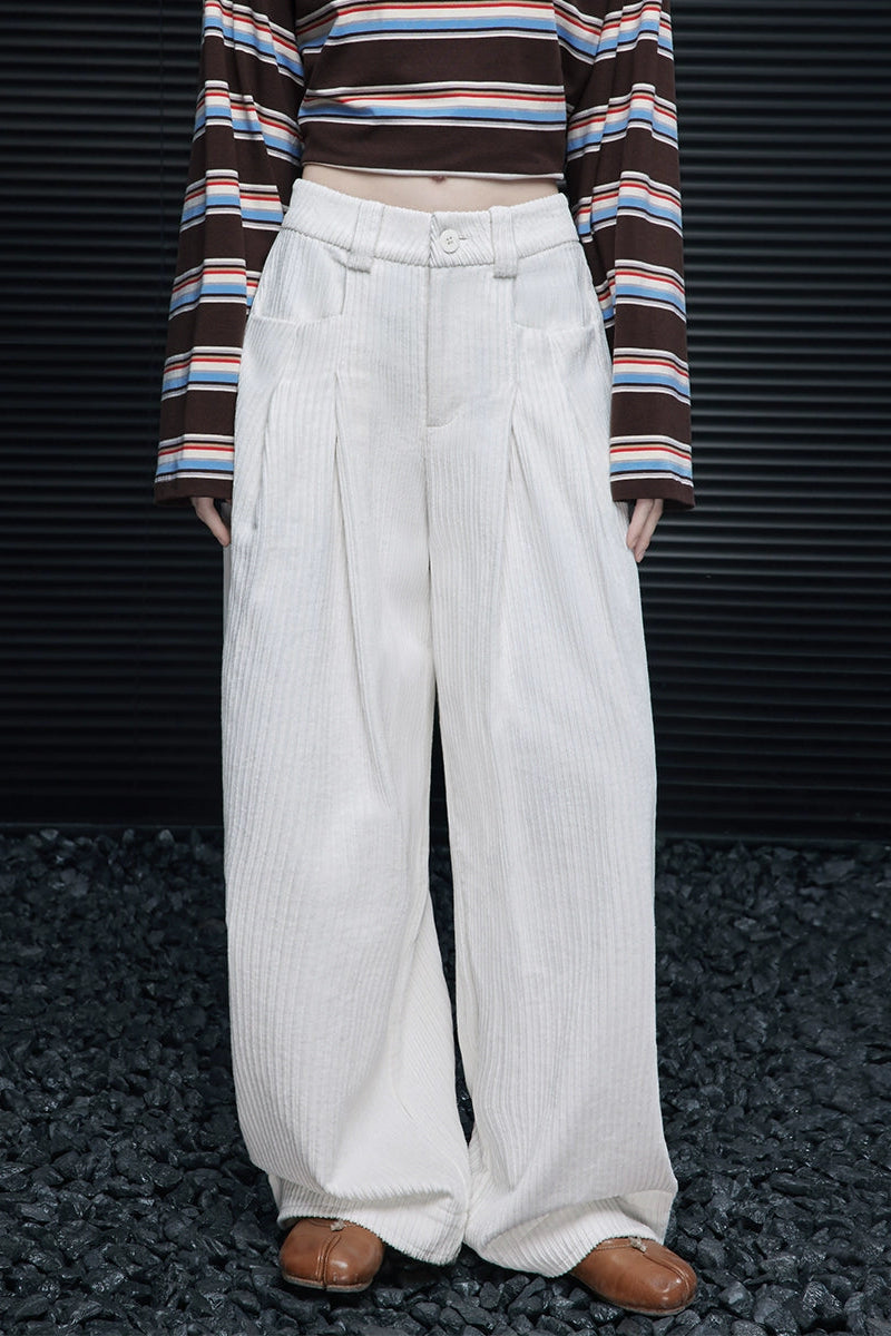 白色燈芯絨寬褲 B4352