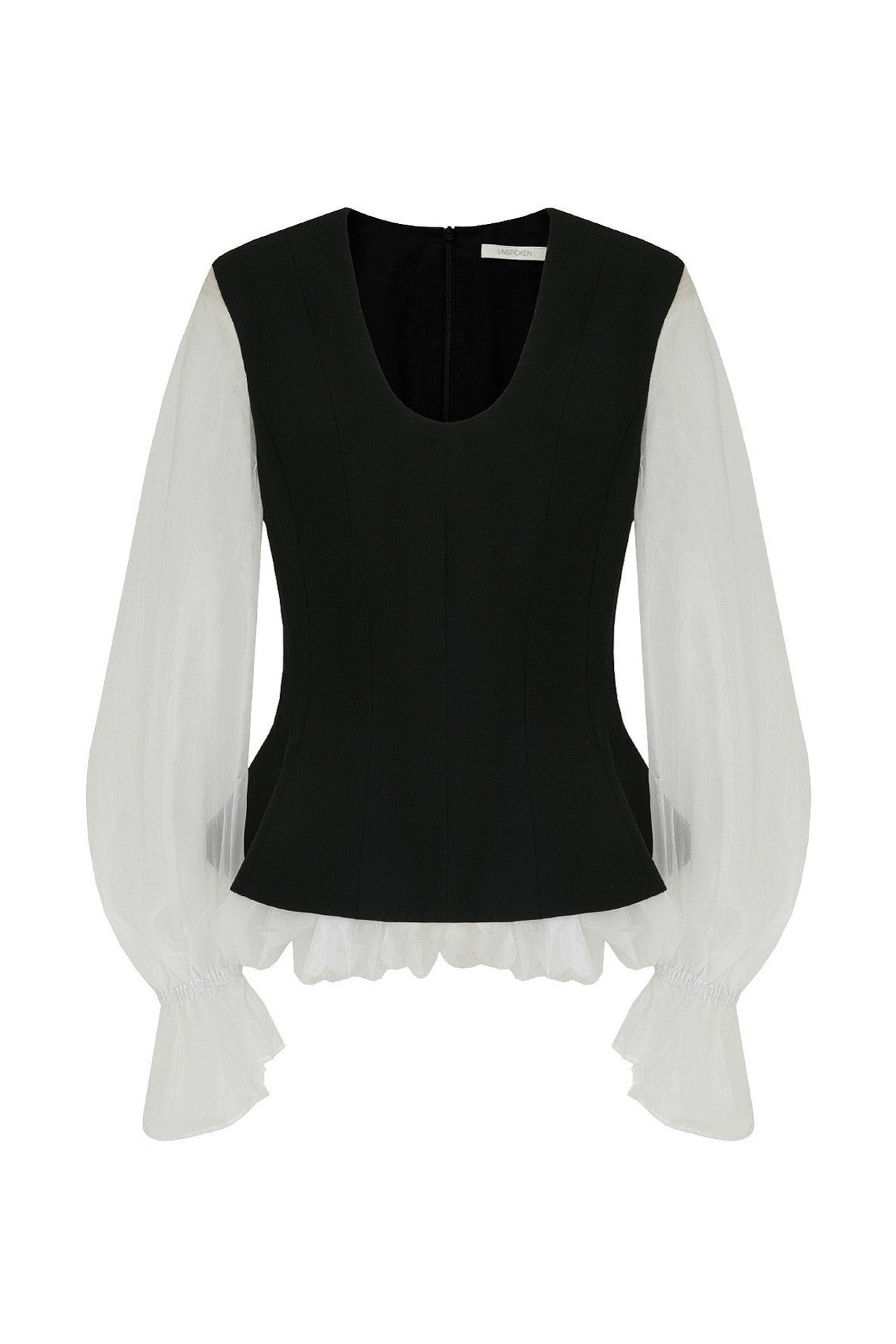 U-Neck Color Block Puff Sleeve Top B4903