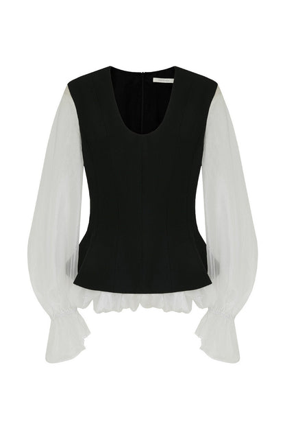 U-Neck Color Block Puff Sleeve Top B4903