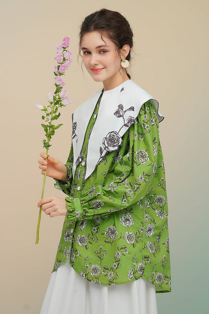 Green rose print large lapel blouse B3758