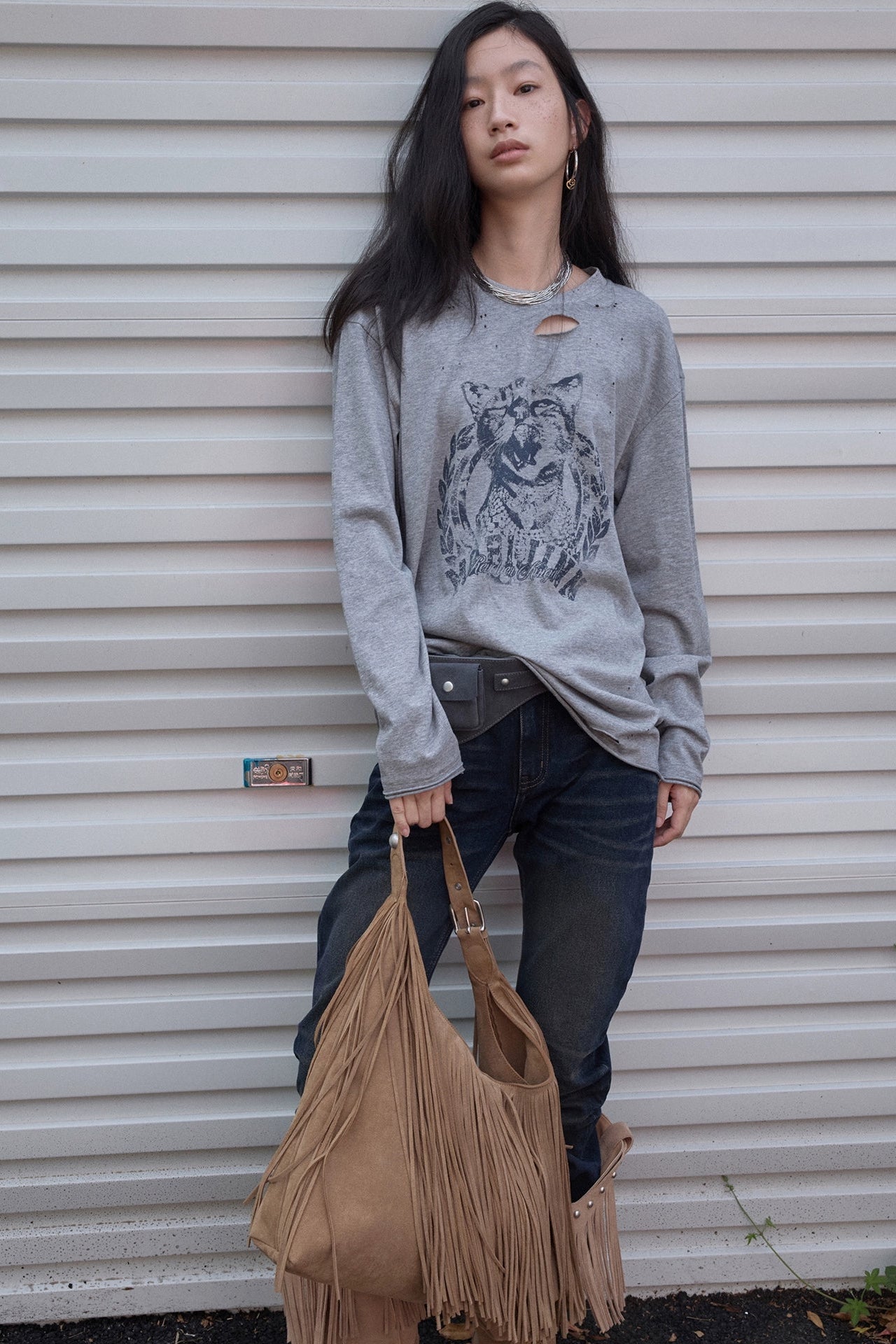 アメリカンキャットプリントリップドTシャツ　B4389