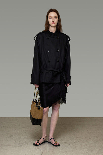 Black Short Double-Breasted Trench Coat B4911