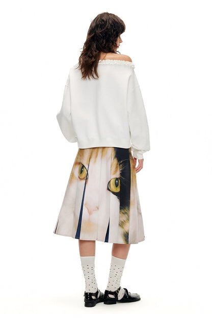 キャットプリントミッドウエストプリーツスカート　B4597