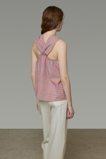 French Check Twist Halter Camisole B4843