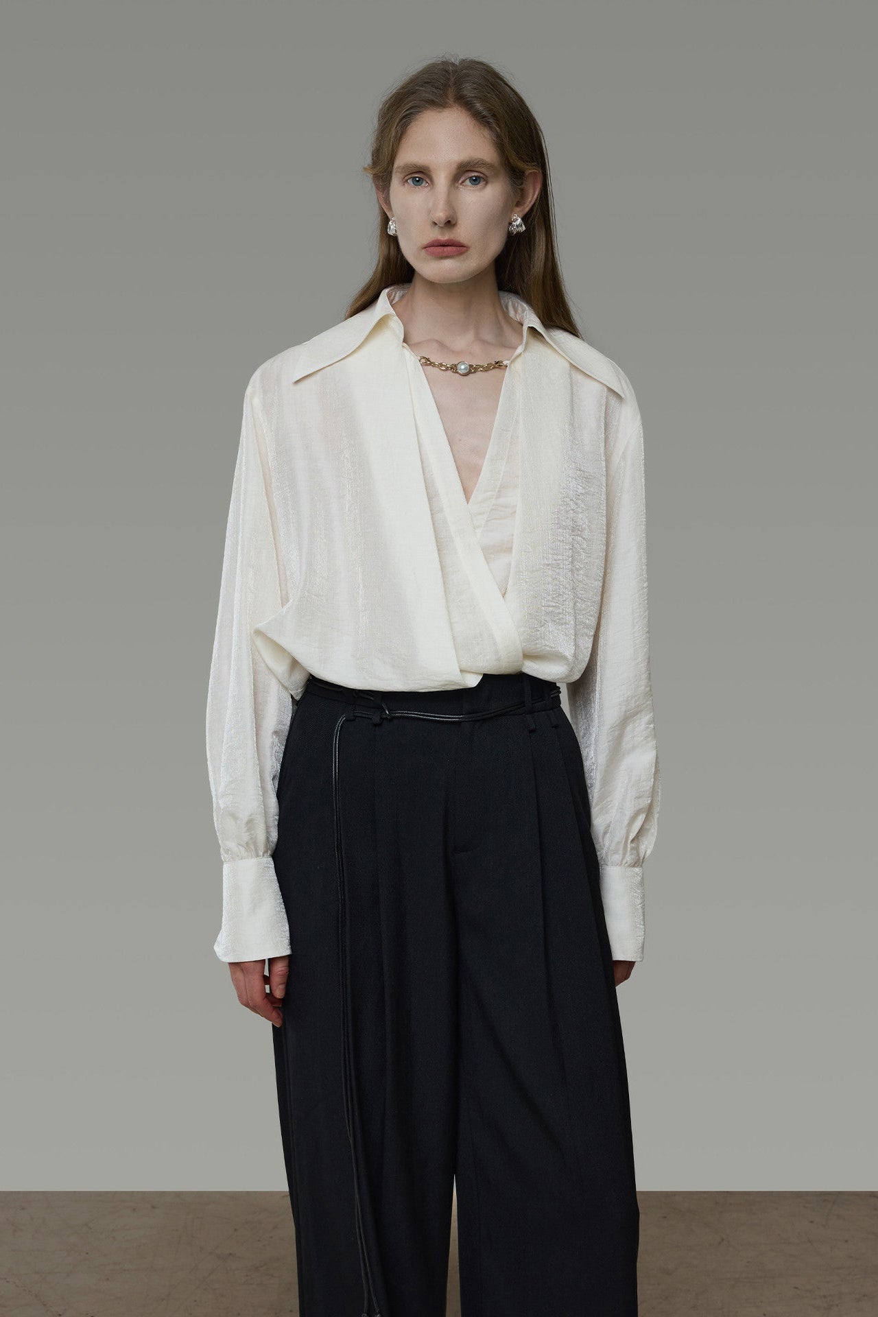Cross-Wrap Design Faux Layered V-Neck Shirt B4937
