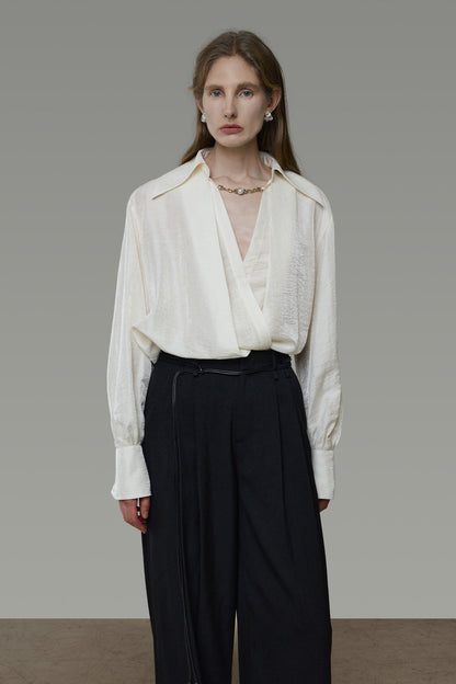 Cross-Wrap Design Faux Layered V-Neck Shirt B4937