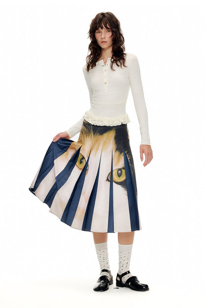 キャットプリントミッドウエストプリーツスカート　B4597