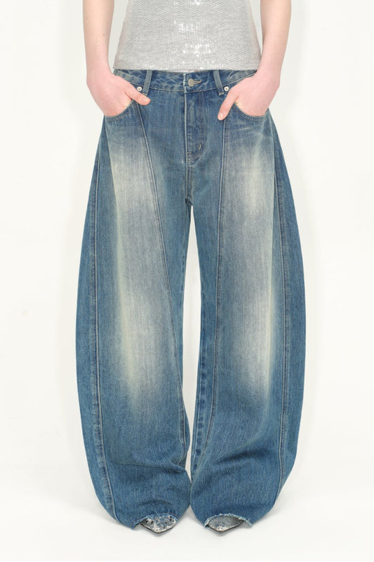 復古水洗閃電香蕉牛仔褲 B3245